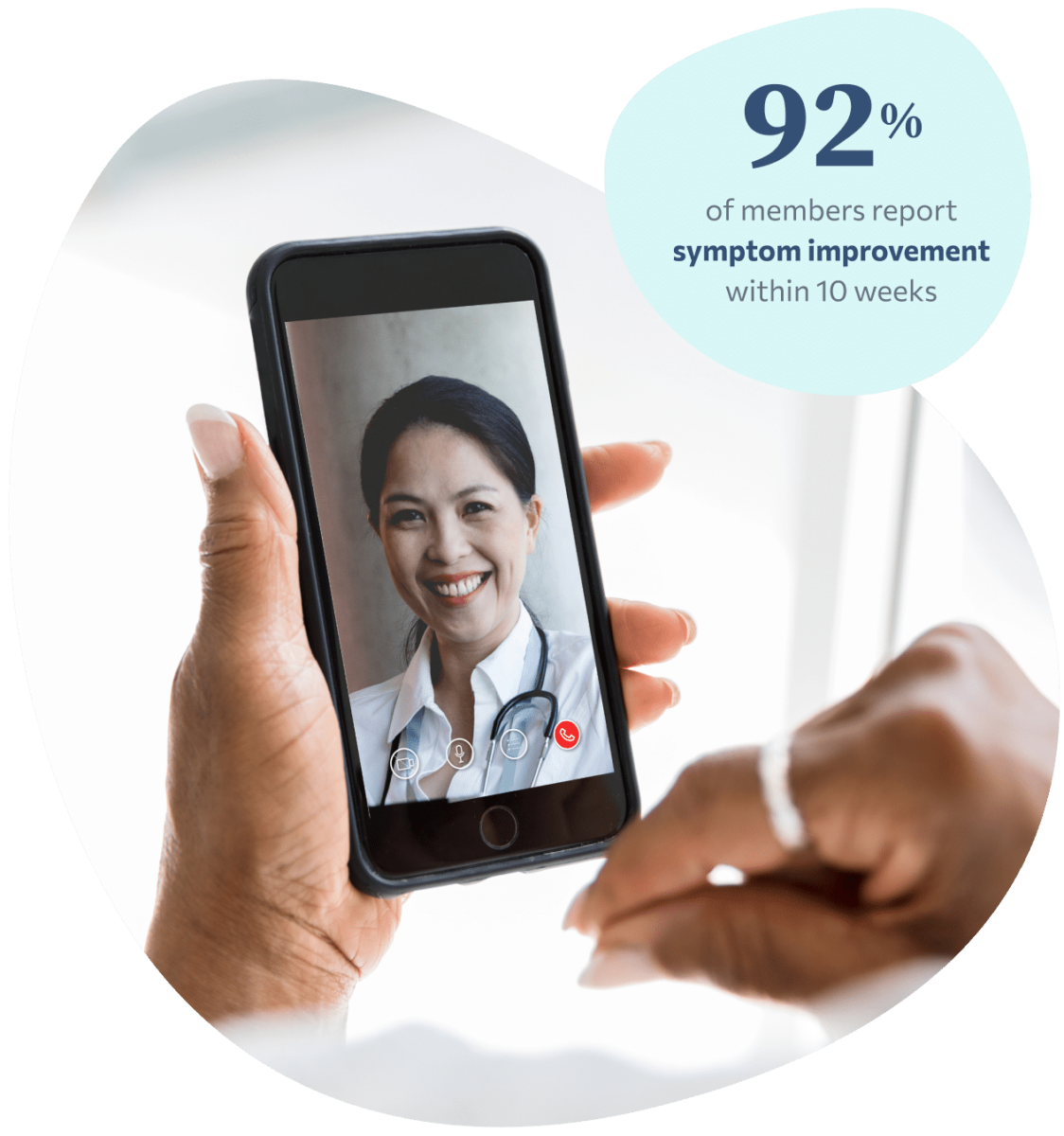 African American woman holds a mobile phone with a virtual female doctor on the screen. Informational graphic in the top right that includes statistic around 92% of members report symptom improvement within 10 weeks