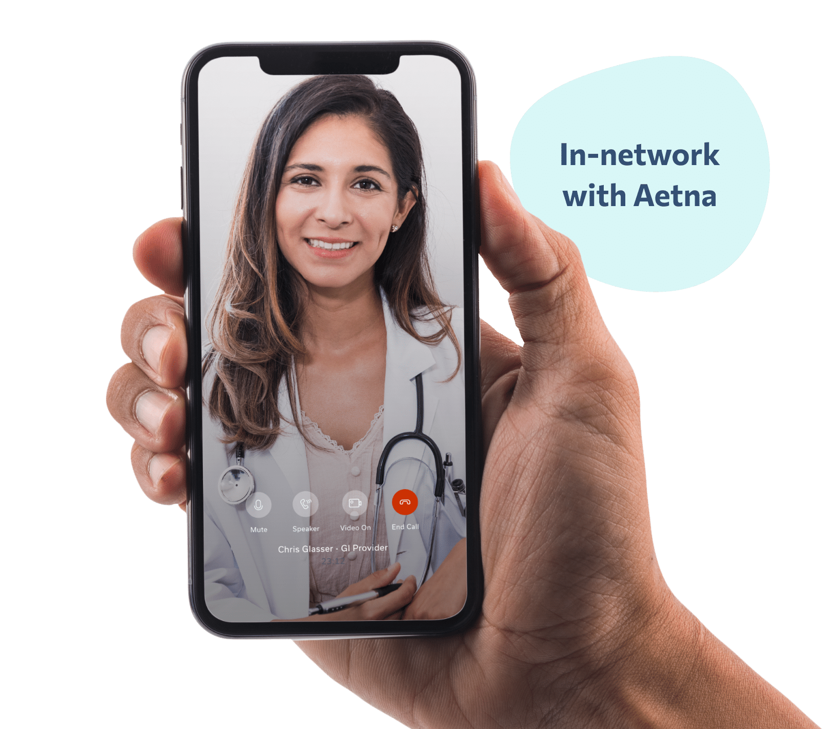 Hand holding a phone, text reading "In-network with Aetna."